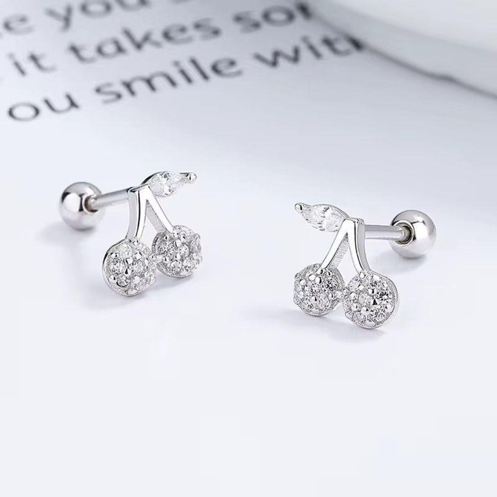 Elegant 925 Pure Silver Cherry Stud Earrings